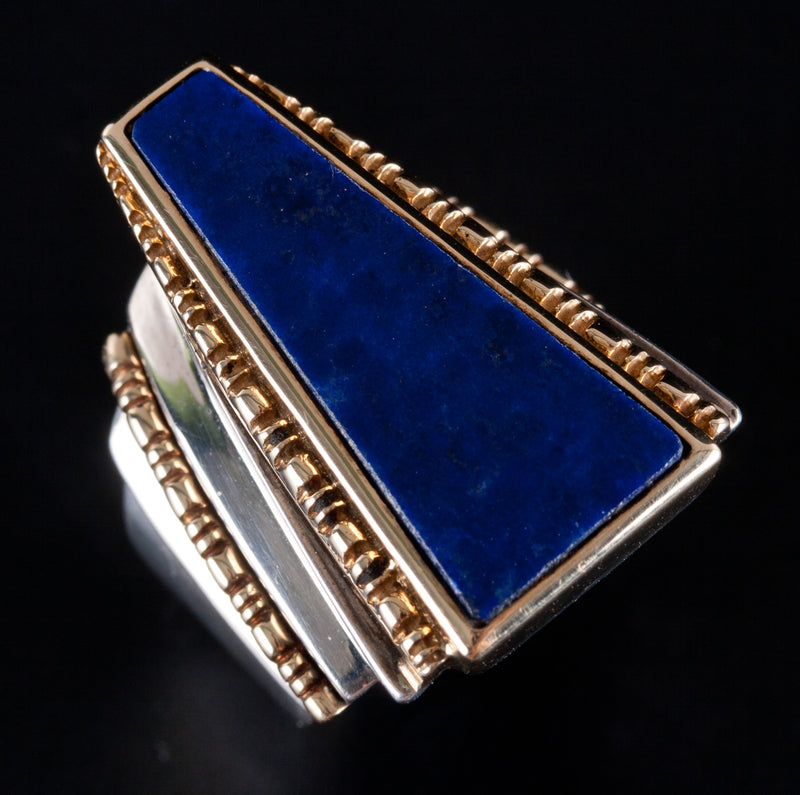 Sterling Silver & 14k Yellow Gold Fancy Lapis Solitaire Cocktail Ring 19g