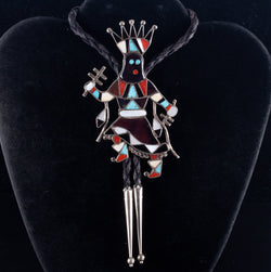 Vintage 1960's Sterling Silver Multi-Stone Zuni Spirit Dancer Bolo Tie 43.2g