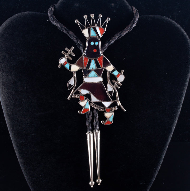 Vintage 1960's Sterling Silver Multi-Stone Zuni Spirit Dancer Bolo Tie 43.2g