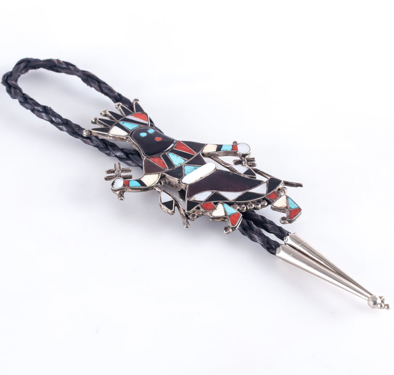 Vintage 1960's Sterling Silver Multi-Stone Zuni Spirit Dancer Bolo Tie 43.2g