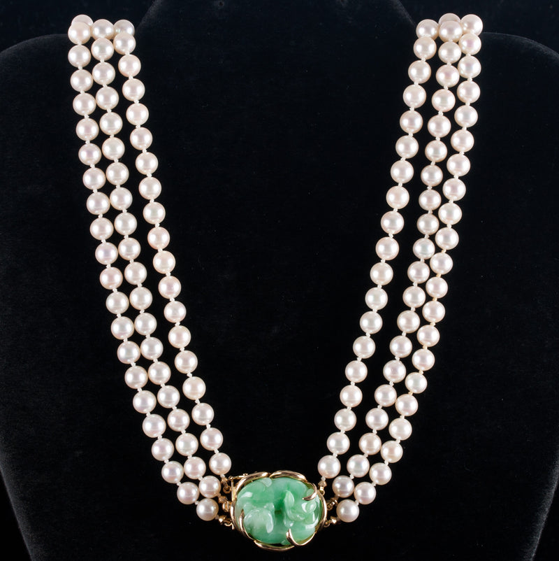 Vintage 1970s 14k Yellow Gold Three Strand Pearl Necklace With Jadeite Cat Clasp