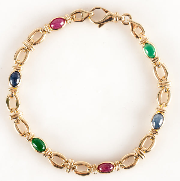 14k Yellow Gold Oval Cabochon Ruby Sapphire Emerald Bracelet 3.4ctw 12.79g