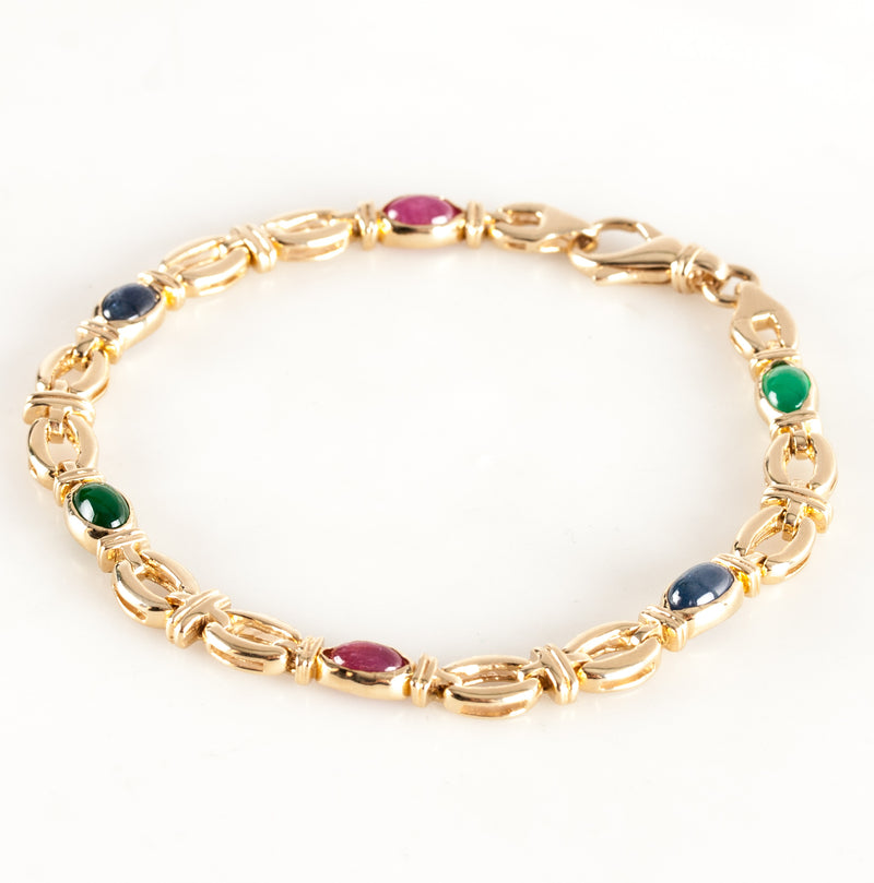 14k Yellow Gold Oval Cabochon Ruby Sapphire Emerald Bracelet 3.4ctw 12.79g
