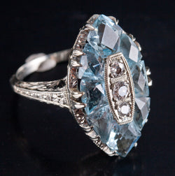Vintage 1920's 18k White Gold AA Aquamarine Diamond Cocktail Ring 1.59ctw 4.05g
