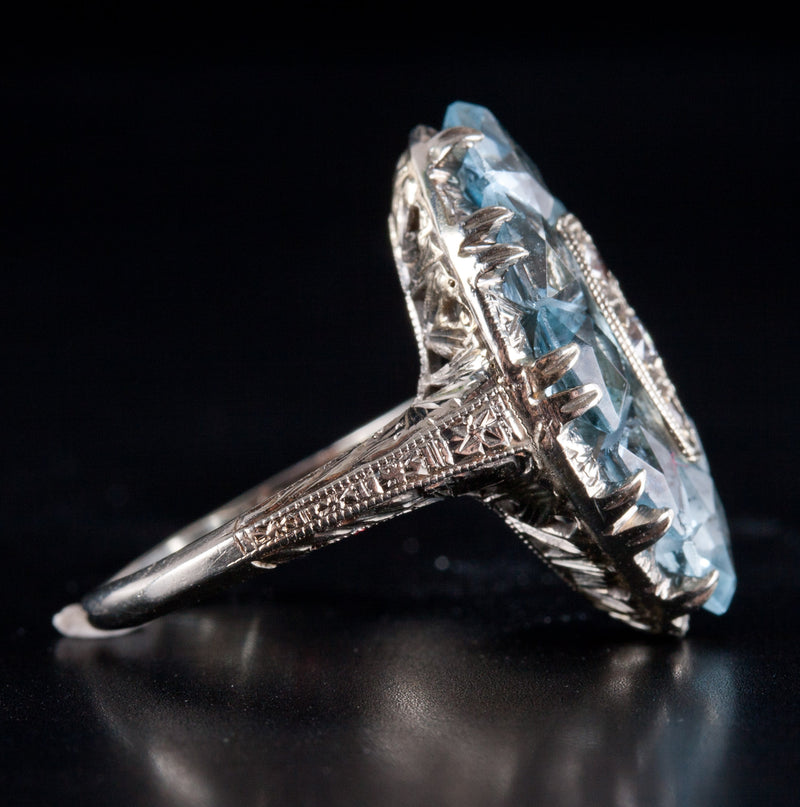 Vintage 1920's 18k White Gold AA Aquamarine Diamond Cocktail Ring 1.59ctw 4.05g