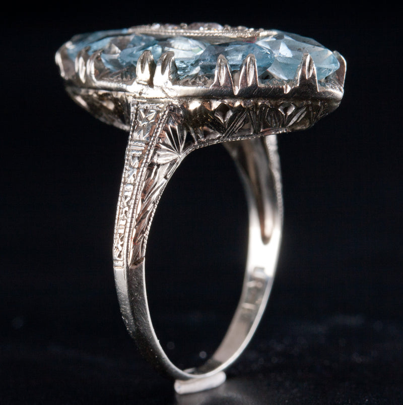 Vintage 1920's 18k White Gold AA Aquamarine Diamond Cocktail Ring 1.59ctw 4.05g