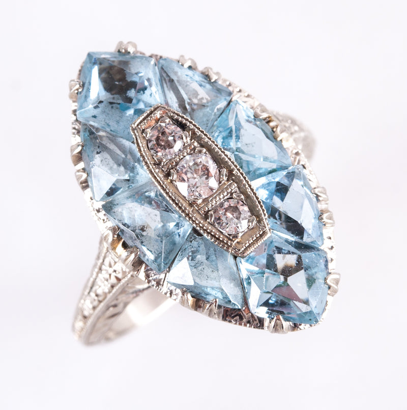 Vintage 1920's 18k White Gold AA Aquamarine Diamond Cocktail Ring 1.59ctw 4.05g