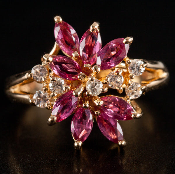 18k Yellow Gold Marquise Ruby Diamond Cocktail Ring 1.57ctw 5.09g