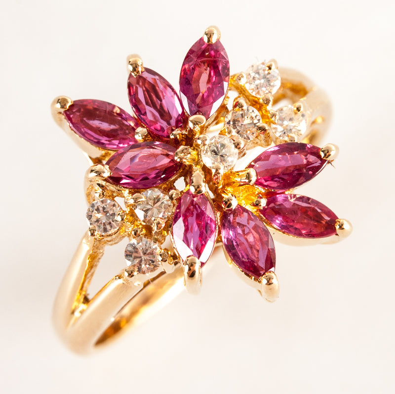 18k Yellow Gold Marquise Ruby Diamond Cocktail Ring 1.57ctw 5.09g