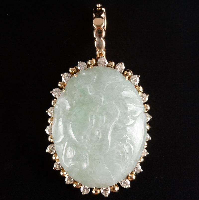 14k Yellow Gold Carved Oval Jade Halo Pendant W/ Diamond Accents 1.14ctw 22.67g
