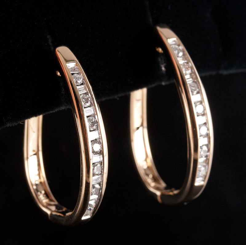 14k Yellow Gold Round Baguette H SI2 Diamond Hoop Style Earrings .60ctw 5.30g