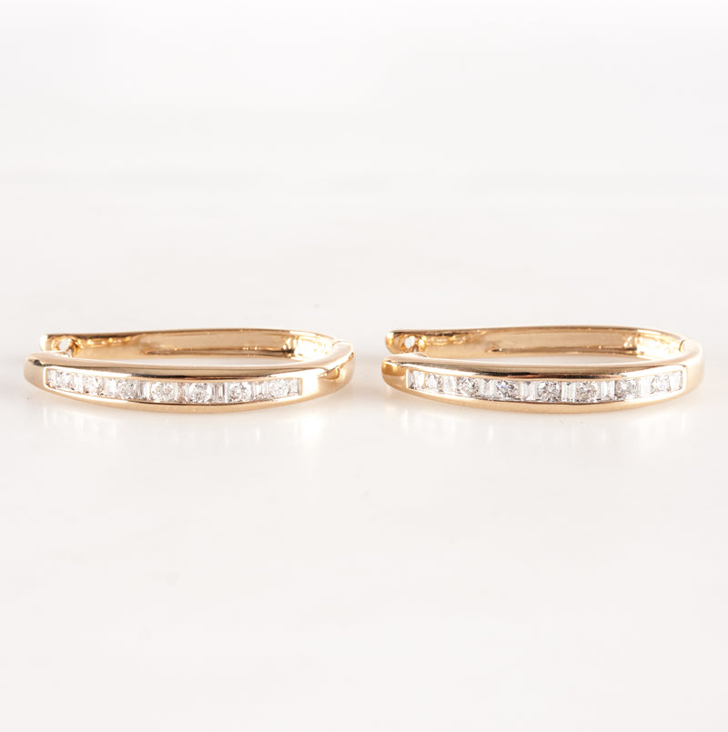 14k Yellow Gold Round Baguette H SI2 Diamond Hoop Style Earrings .60ctw 5.30g