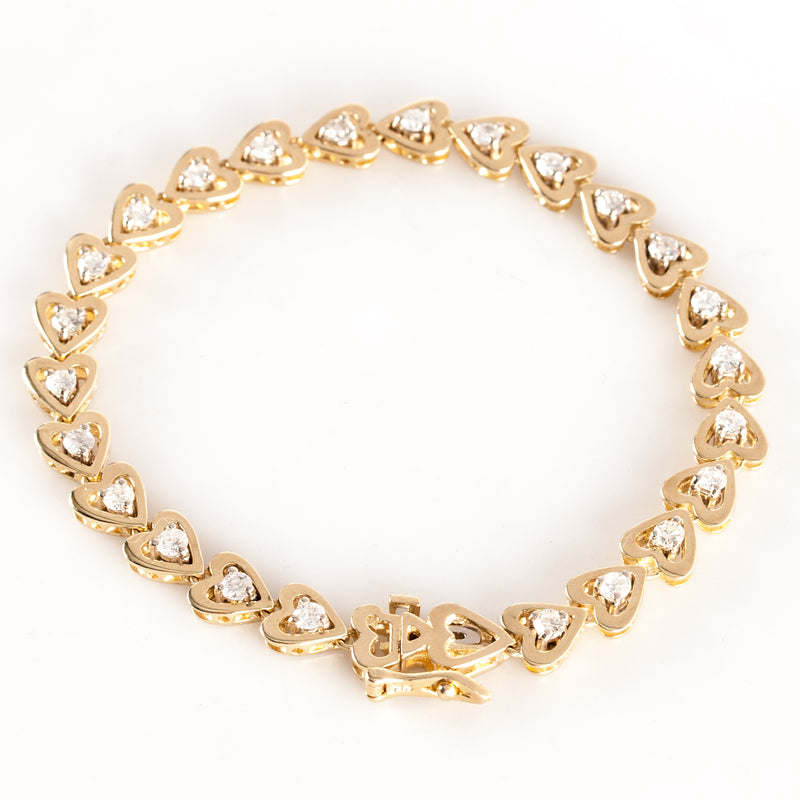 14k Yellow Gold Round Diamond Heart Style Tennis Bracelet 1.80ctw 16.89g 7.5"