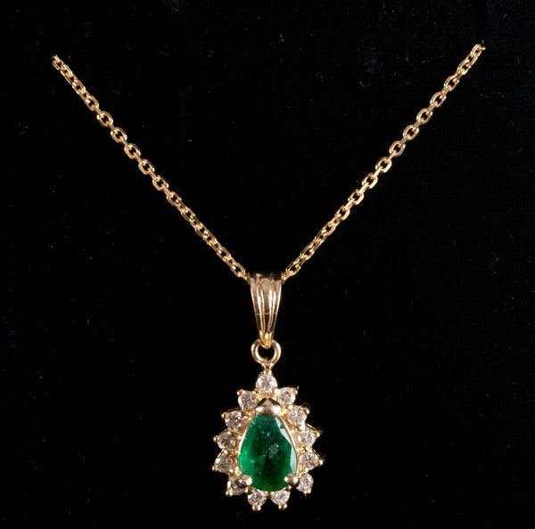 14k Yellow Gold Pear Emerald Diamond Halo Style Necklace W/ 18" Chain .73ctw