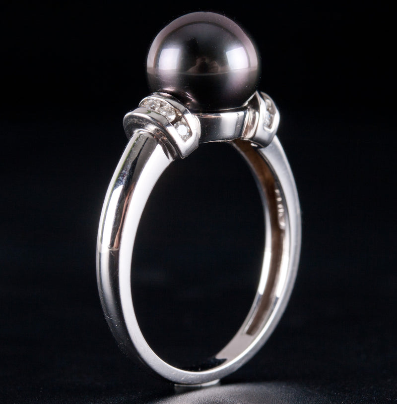 14k White Gold Round Tahitian Pearl Solitaire Ring W/ Diamond Accents .10ctw