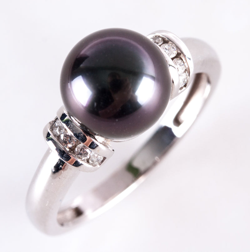 14k White Gold Round Tahitian Pearl Solitaire Ring W/ Diamond Accents .10ctw