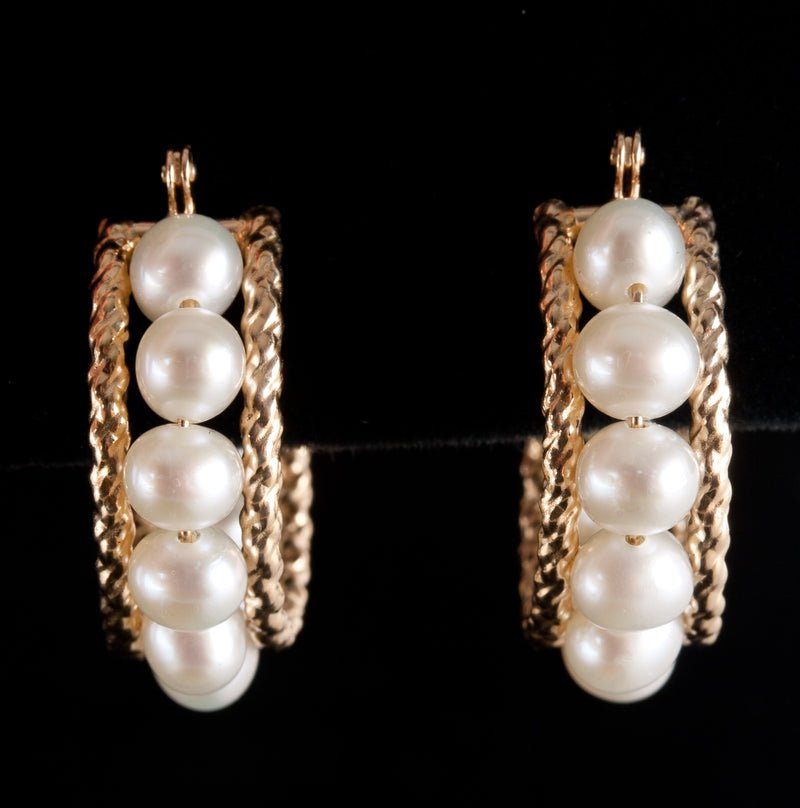 14k Yellow Gold Cultured Pearl Hoop Style Earrings W/ Saddle Backs 3.84g