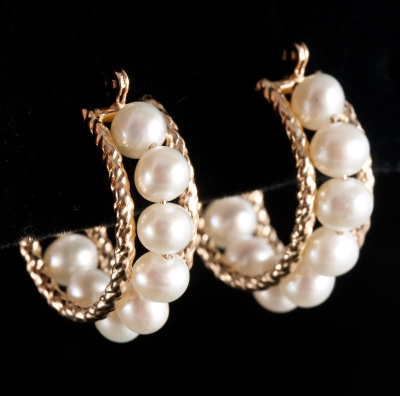 14k Yellow Gold Cultured Pearl Hoop Style Earrings W/ Saddle Backs 3.84g