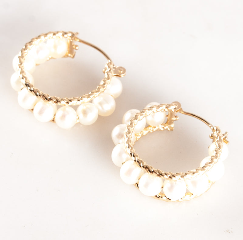 14k Yellow Gold Cultured Pearl Hoop Style Earrings W/ Saddle Backs 3.84g