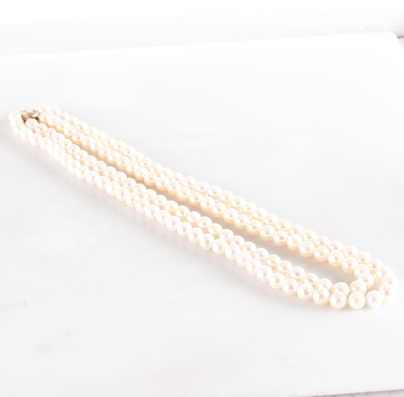 14k Yellow Gold Cultured Round Pearl Double Stranded Necklace 18" / 16.5" 50g