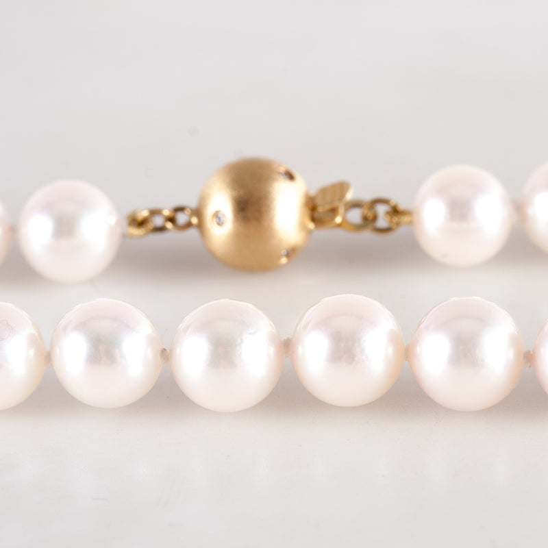 14k Yellow Gold Cultured Round Pearl Necklace W/ Diamond Accent Clasp .03ctw