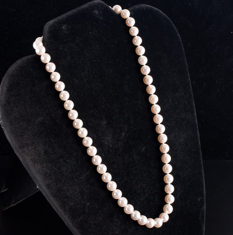 14k Yellow Gold Cultured Round Pearl Necklace W/ Diamond Accent Clasp 17.5"