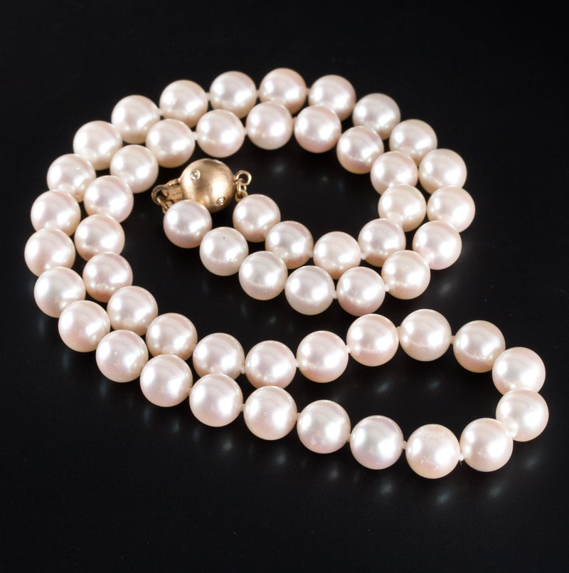 14k Yellow Gold Cultured Round Pearl Necklace W/ Diamond Accent Clasp 17.5"