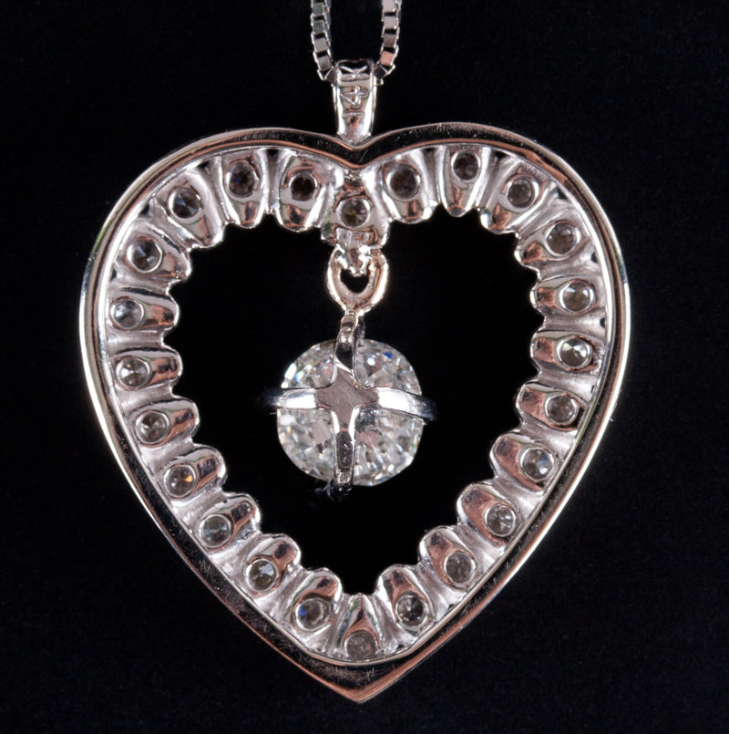 Vintage 1960s 14k White Gold Old Mine Diamond Heart Pendant W/ 16" Chain 1.72ctw