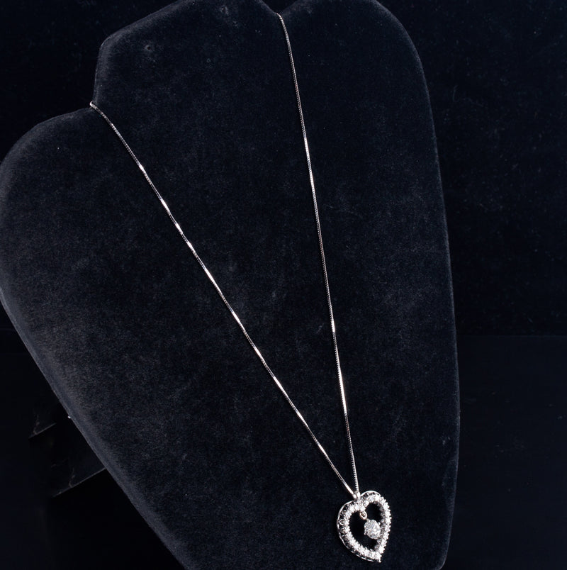 Vintage 1960s 14k White Gold Old Mine Diamond Heart Pendant W/ 16" Chain 1.72ctw