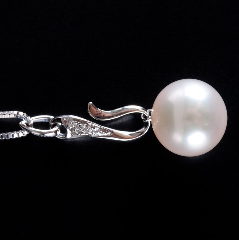 14k White Gold Cultured Round Pearl Diamond Pendant W/ 18" Chain .025ctw 3.8g