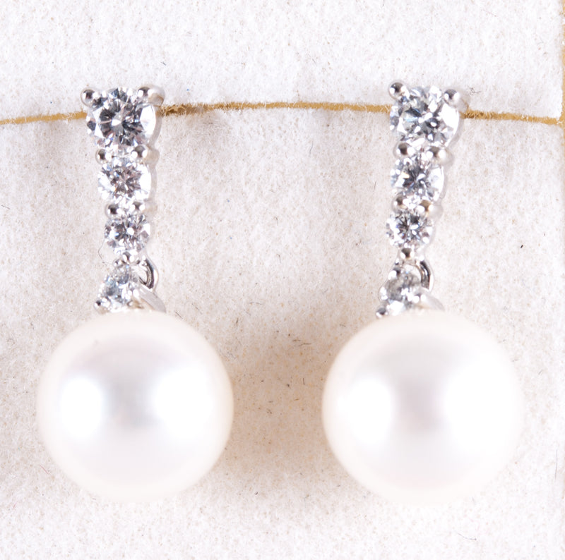 14k White Gold Round Cultured Pearl Diamond Dangle Earrings W/ Butterfly Backs