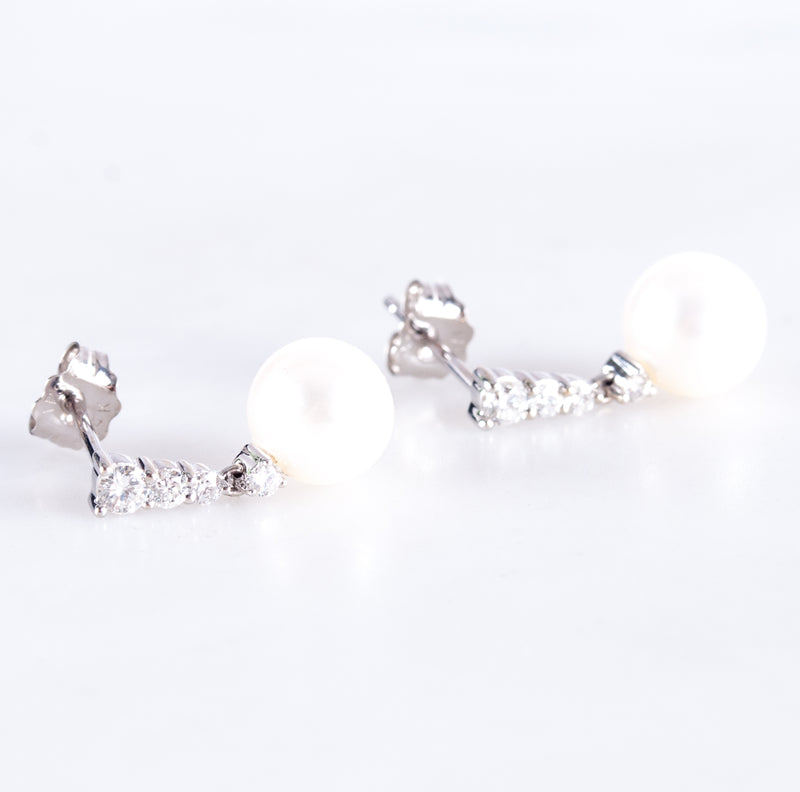 14k White Gold Round Cultured Pearl Diamond Dangle Earrings W/ Butterfly Backs