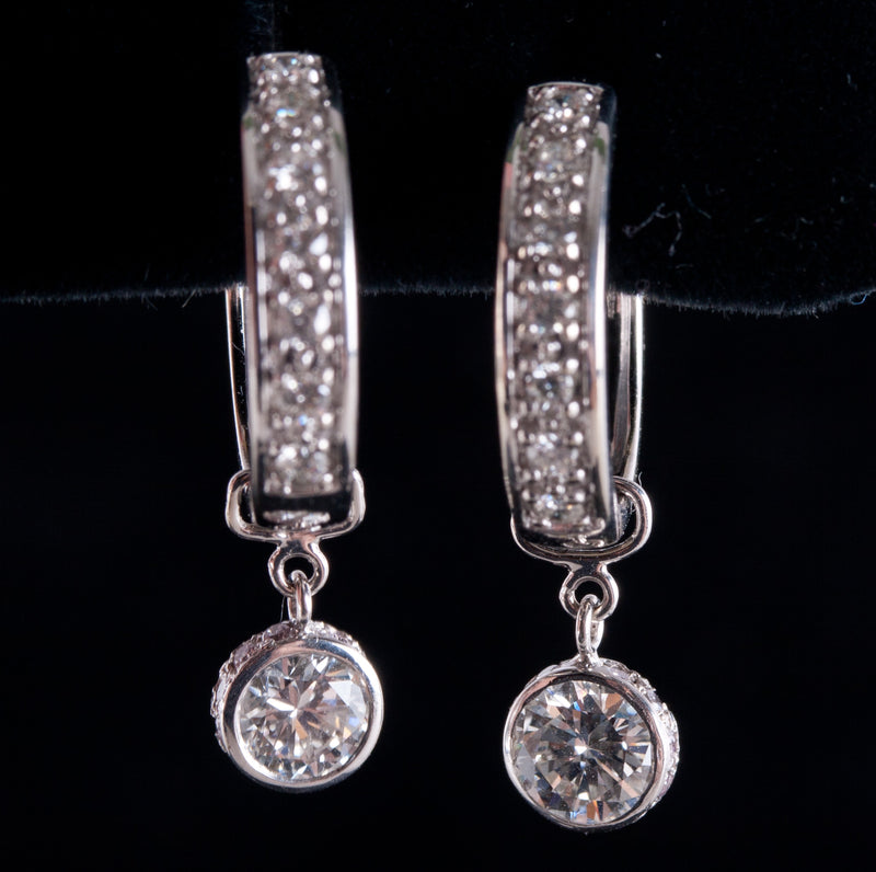 14k White Gold Round H SI1 Diamond Hoop Earrings W/ Dangle Accent 1.38ctw 4.80g