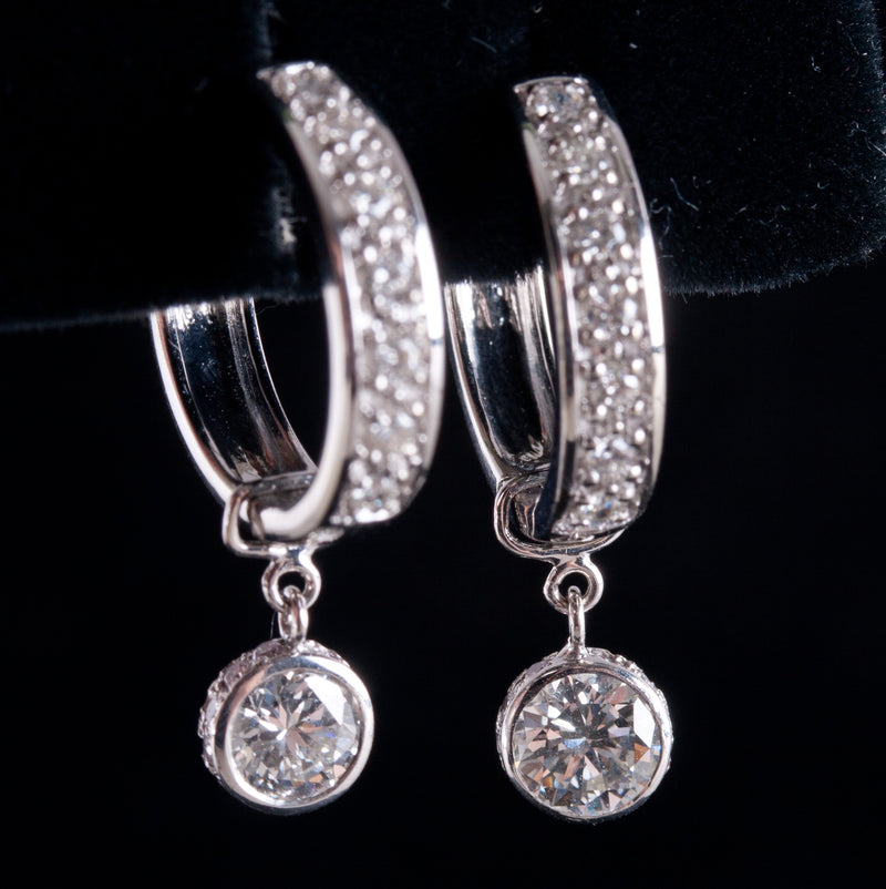 14k White Gold Round H SI1 Diamond Hoop Earrings W/ Dangle Accent 1.38ctw 4.80g