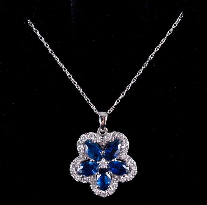 14k White Gold Oval Sapphire Diamond Floral Pendant W/ 18" Chain 2.07ctw 2.6g