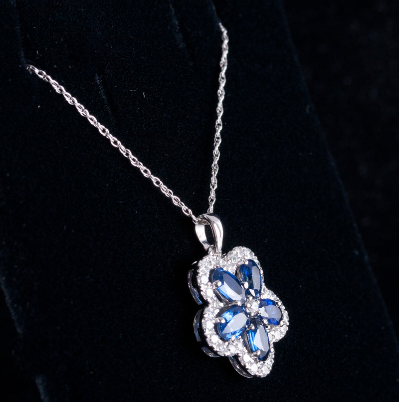 14k White Gold Oval Sapphire Diamond Floral Pendant W/ 18" Chain 2.07ctw 2.6g
