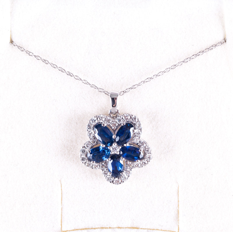 14k White Gold Oval Sapphire Diamond Floral Pendant W/ 18" Chain 2.07ctw 2.6g