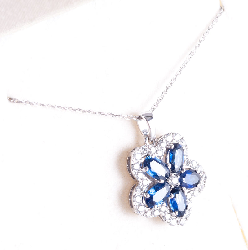 14k White Gold Oval Sapphire Diamond Floral Pendant W/ 18" Chain 2.07ctw 2.6g