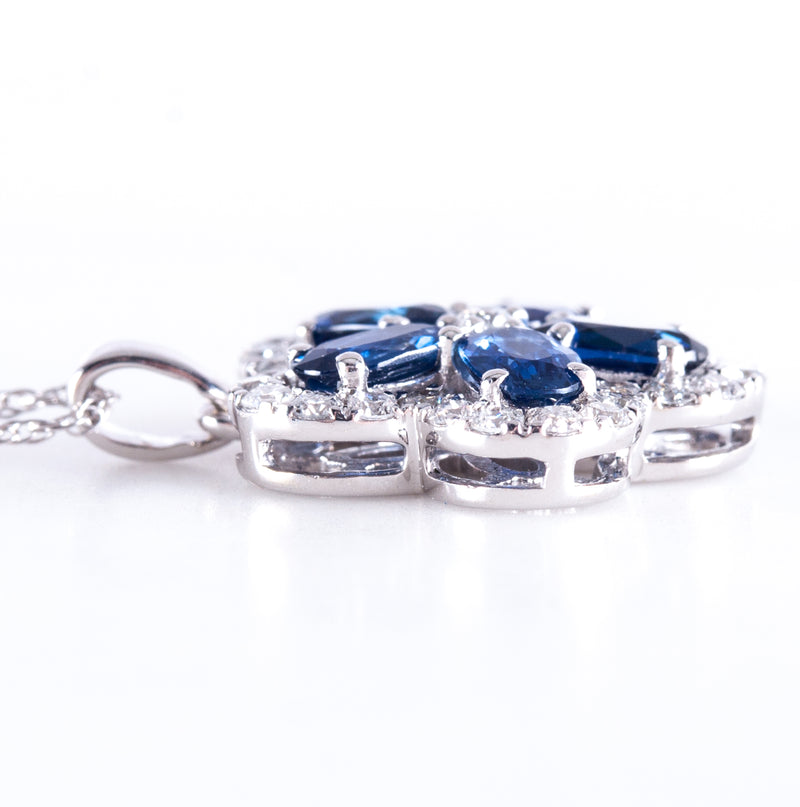14k White Gold Oval Sapphire Diamond Floral Pendant W/ 18" Chain 2.07ctw 2.6g