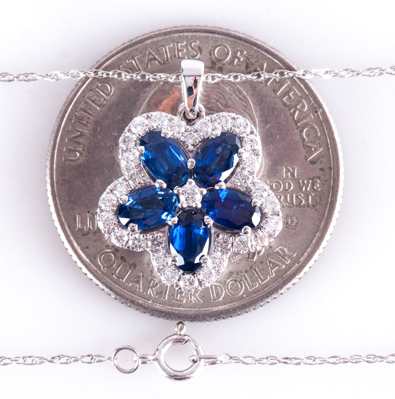 14k White Gold Oval Sapphire Diamond Floral Pendant W/ 18" Chain 2.07ctw 2.6g