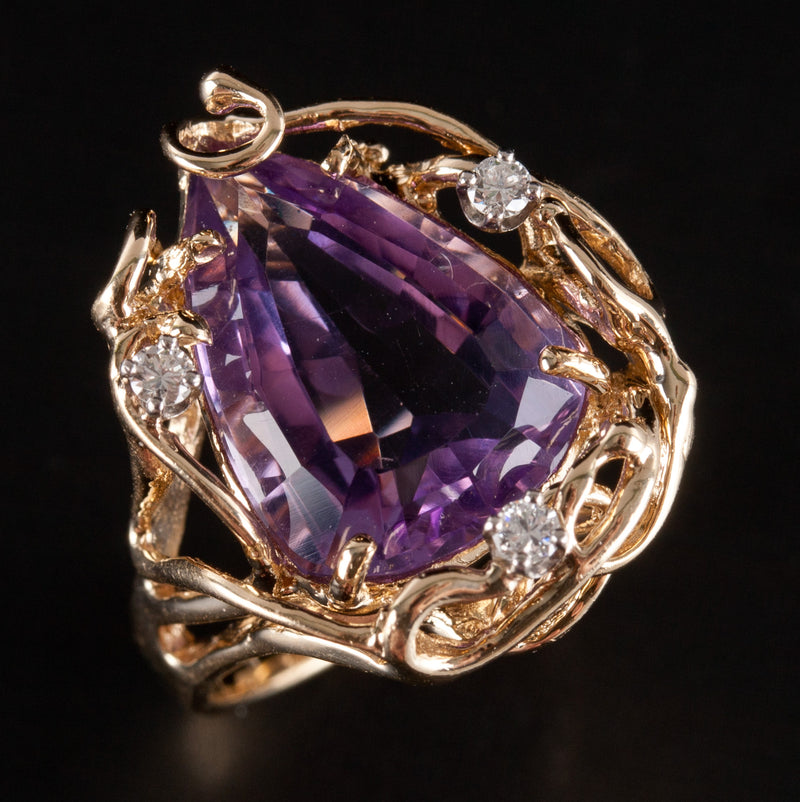 14k Yellow Gold Pear Amethyst Round Diamond Cocktail Ring 5.59ctw 6.2g