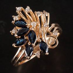 14k Yellow Gold Marquise Sapphire Round Diamond Cluster Ring 1.12ctw 4.4g