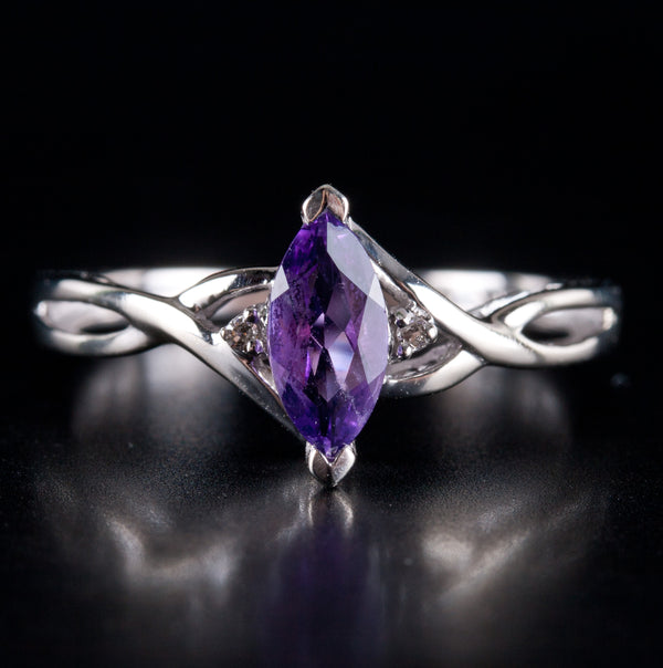 10k White Gold Marquise Amethyst Solitaire Ring W/ Diamond Accents .56ctw 1.70g