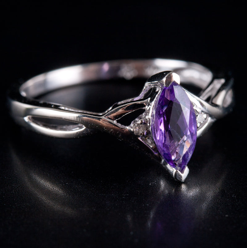 10k White Gold Marquise Amethyst Solitaire Ring W/ Diamond Accents .56ctw 1.70g