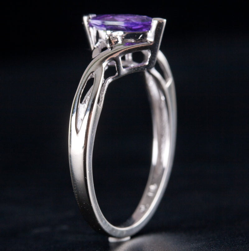 10k White Gold Marquise Amethyst Solitaire Ring W/ Diamond Accents .56ctw 1.70g