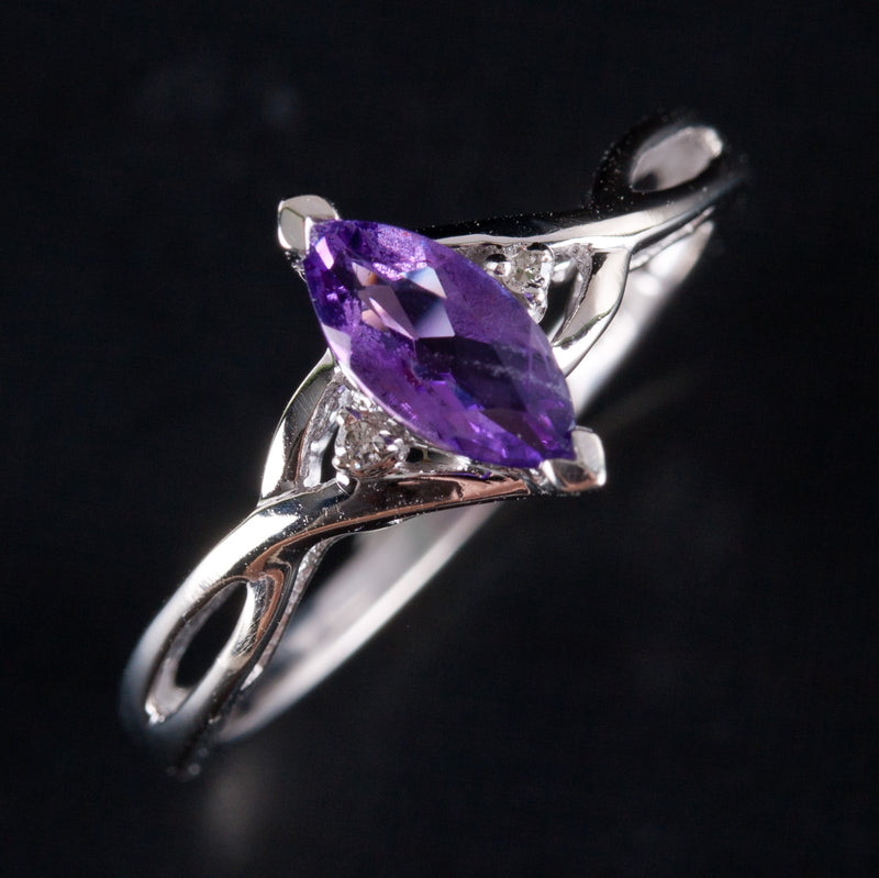 10k White Gold Marquise Amethyst Solitaire Ring W/ Diamond Accents .56ctw 1.70g