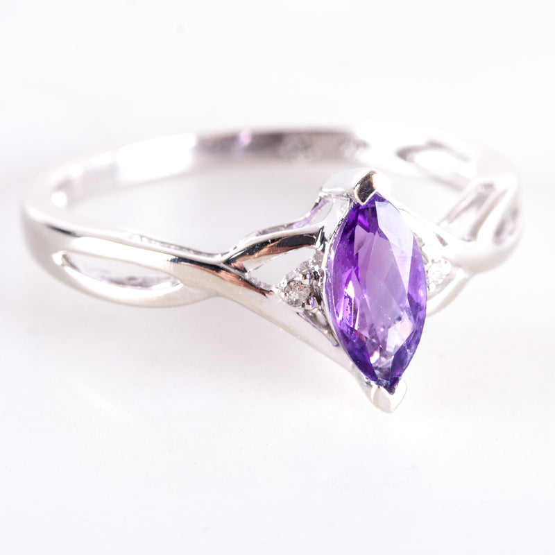 10k White Gold Marquise Amethyst Solitaire Ring W/ Diamond Accents .56ctw 1.70g
