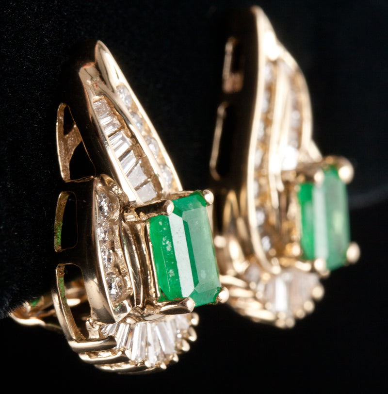 14k Yellow Gold Emerald Diamond Cluster Huggie Earrings W/ Omega Backs 1.84ctw