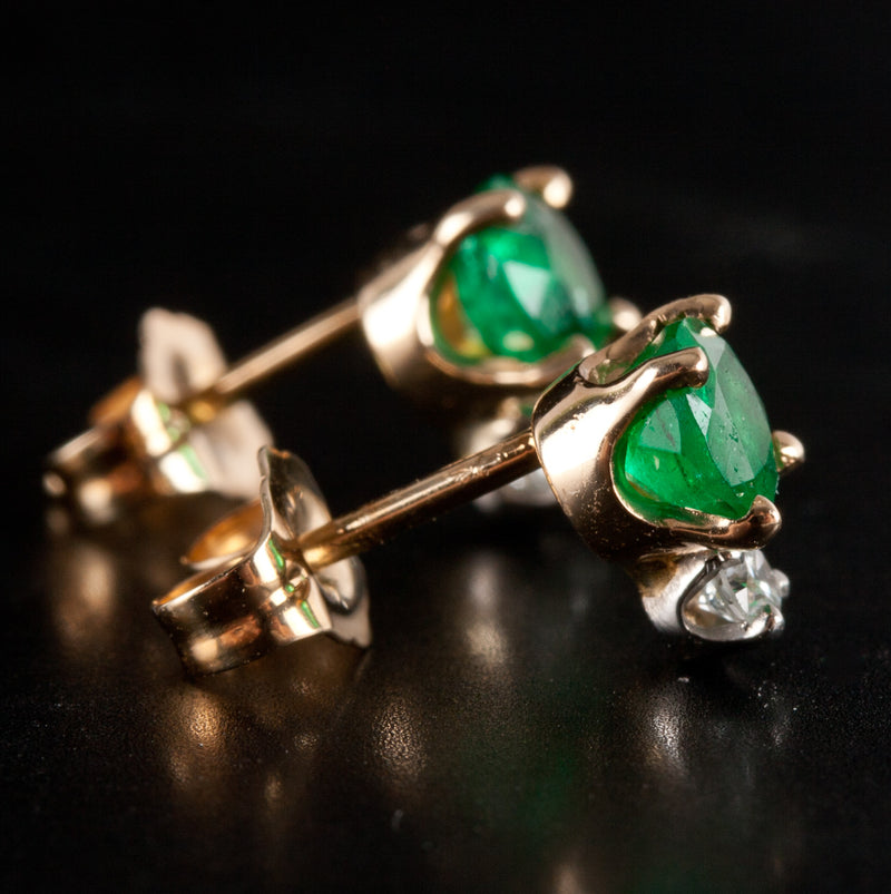 14k Yellow White Gold Emerald Diamond Stud Earrings W/ Butterfly Backs .86ctw