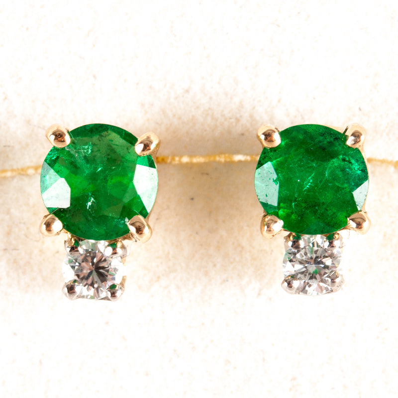 14k Yellow White Gold Emerald Diamond Stud Earrings W/ Butterfly Backs .86ctw